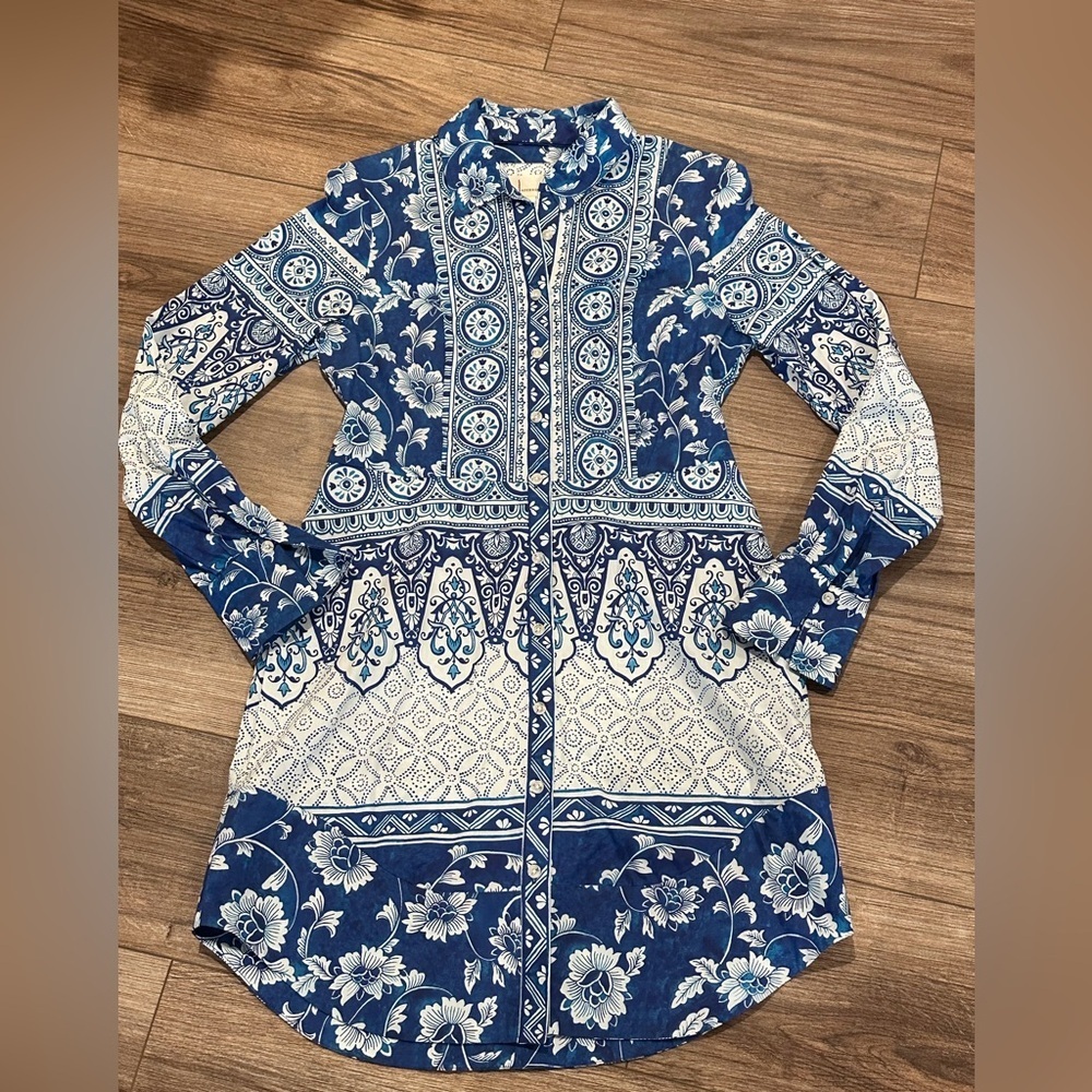 NWOT Anthropologie Printed Button Front Shirt Dress Blue and White Size XS - Picture 4 of 12